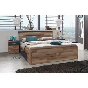 Marc ágykeret 2db oldalra kihúzható fiókkal LED világítással Montana tölgy - Grafit színben 180x200 cm + 2 db 3 fiókos éjjeliszekrénnyel