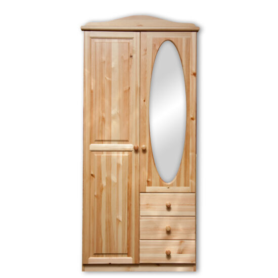 2 ajtós, 3 fiókos, ovál tükrös fenyő szekrény 90x200x57 cm